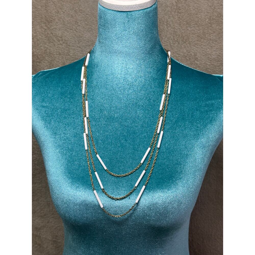 Vintage Gold Tone Layered Chain Necklace White Bar Accent Minimalist Necklace